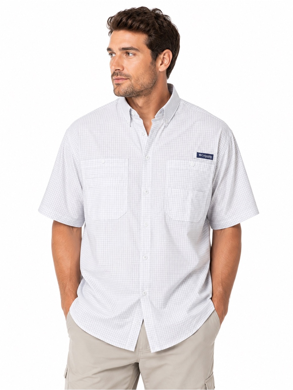 Columbia Men’s Short-Sleeve Light Gray Check Button-Down Shirt